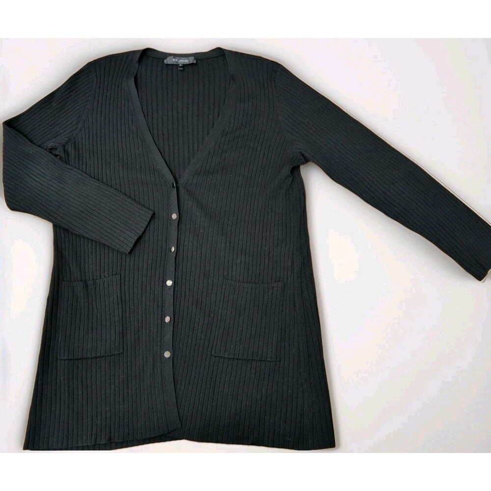St. John Black Ribbed Knit Button Front Long Cardigan Sweater Pockets Womens XL